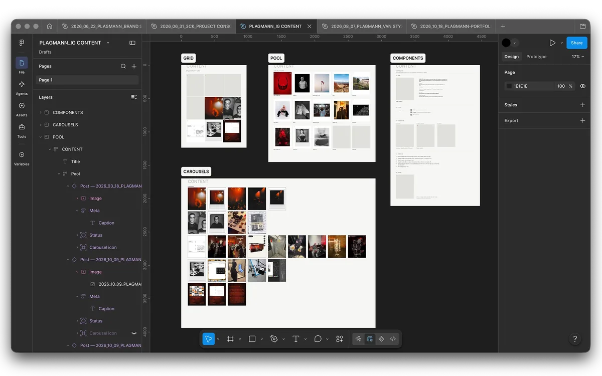 Figma board planning Instagram posts with images, captions and status