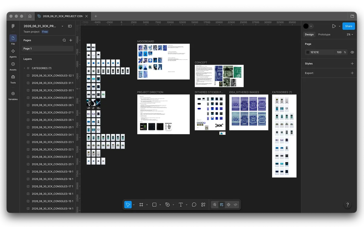 Figma board with research, concept and shot list for the dithering project