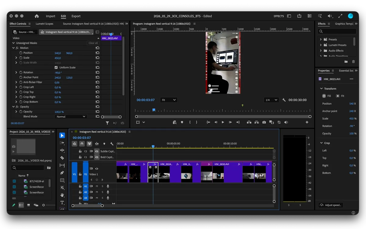 Premiere Pro timeline of the 9:16 behind-the-scenes reel